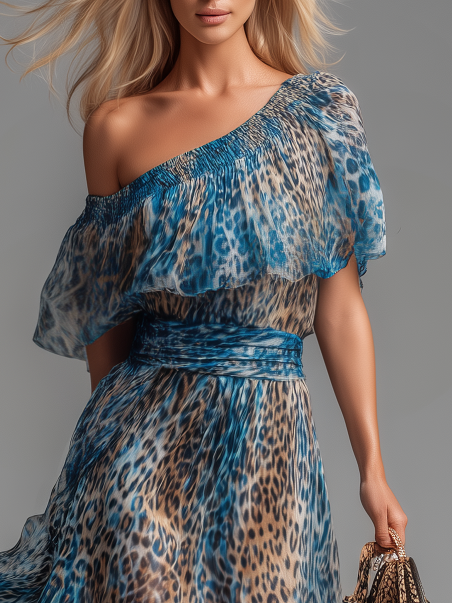 Lauren - rochie lungă din șifon cu imprimeu leopard și umeri goi — imagine 5