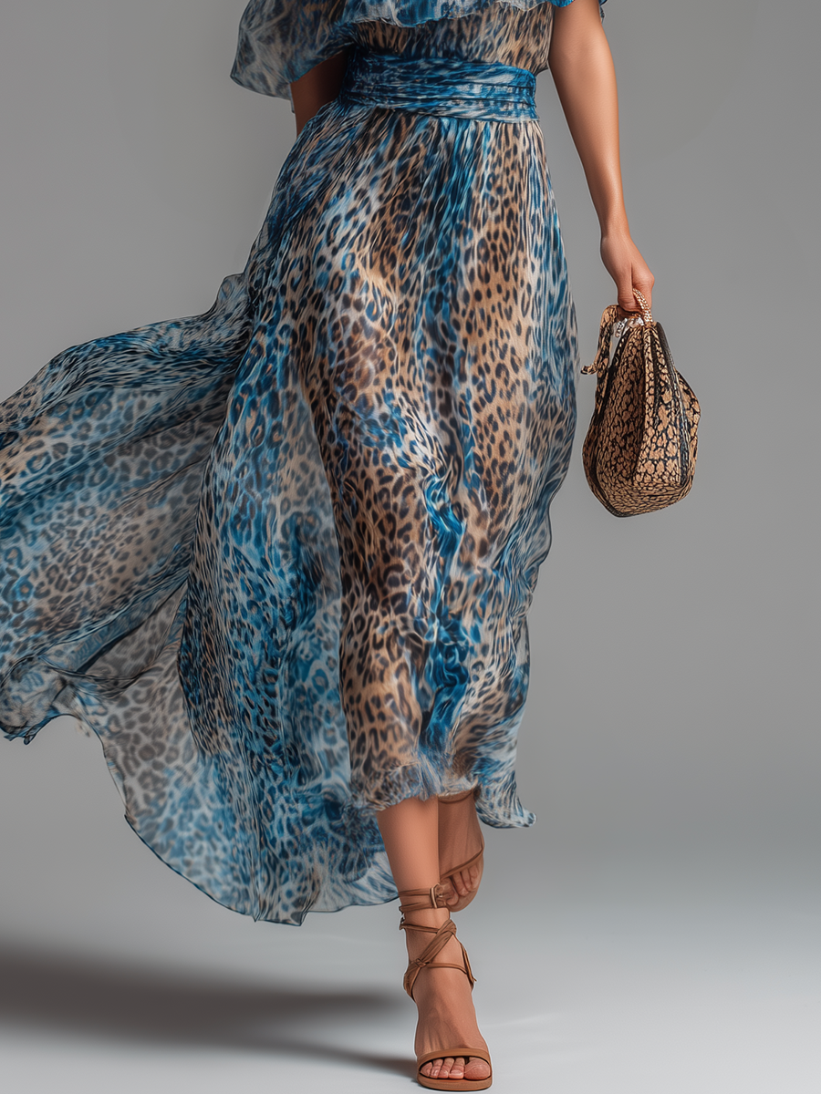 Lauren - rochie lungă din șifon cu imprimeu leopard și umeri goi — imagine 6