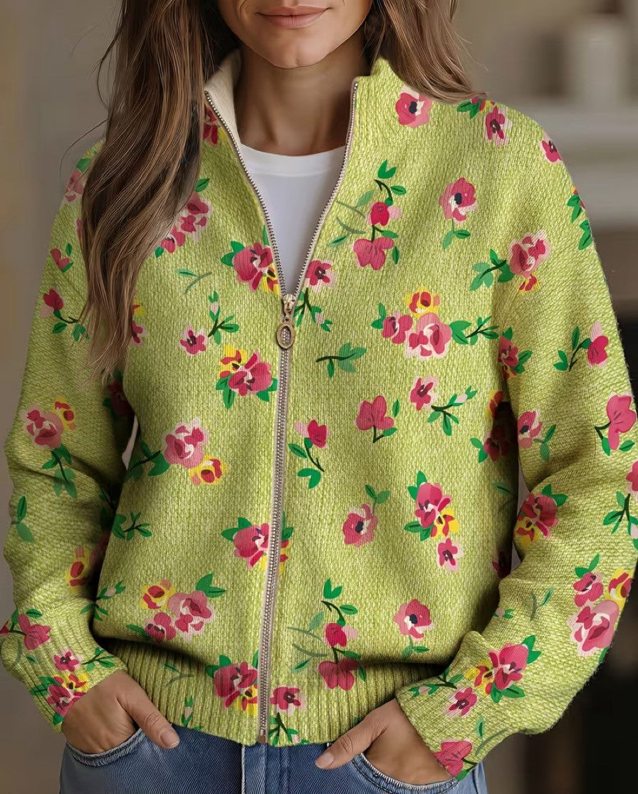 Lauren - Cardigan cu fermoar, model floral roz și lime — imagine 1