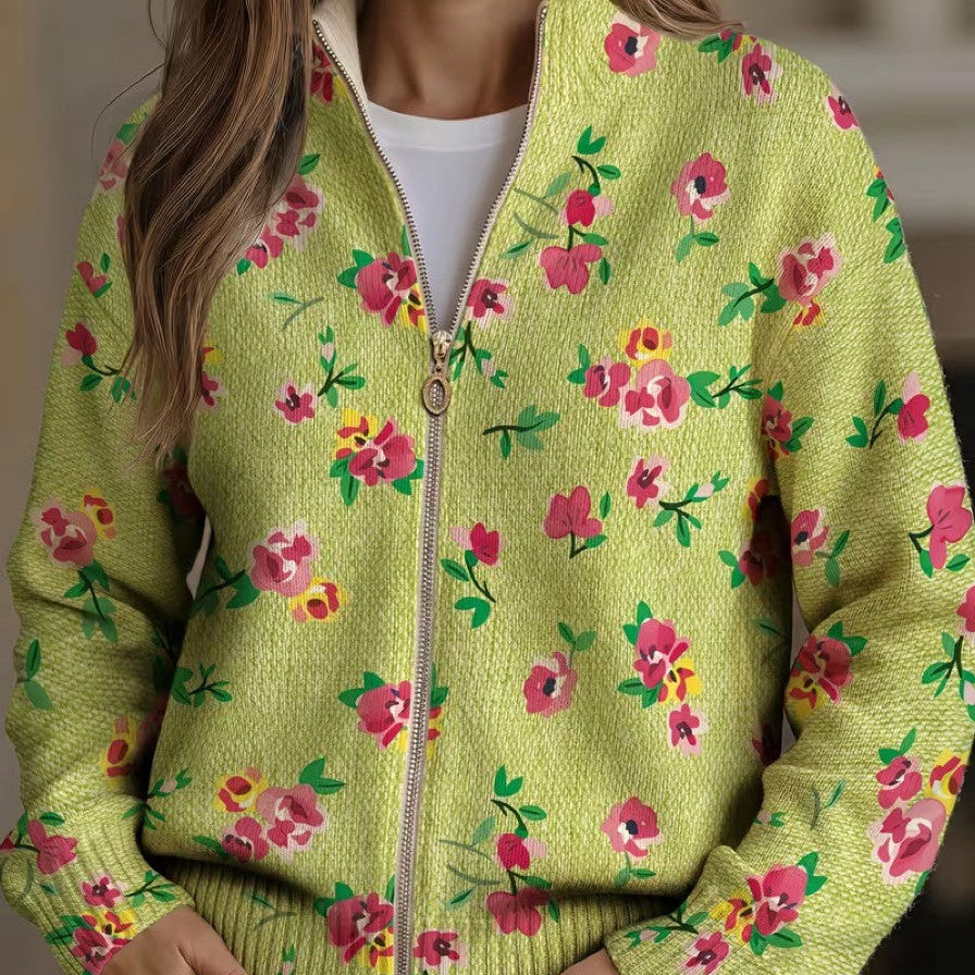Lauren - Cardigan cu fermoar, model floral roz și lime — imagine 1