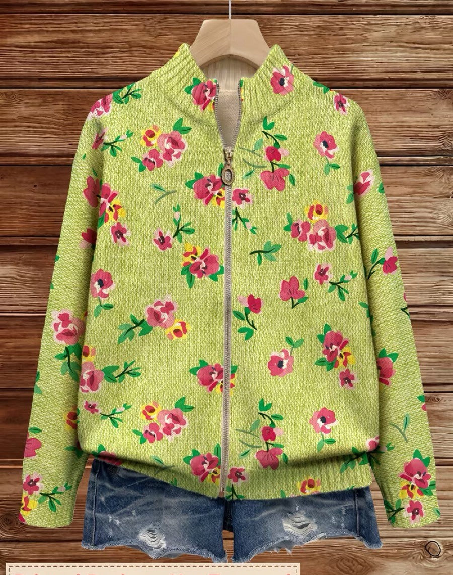 Lauren - Cardigan cu fermoar, model floral roz și lime — imagine 2