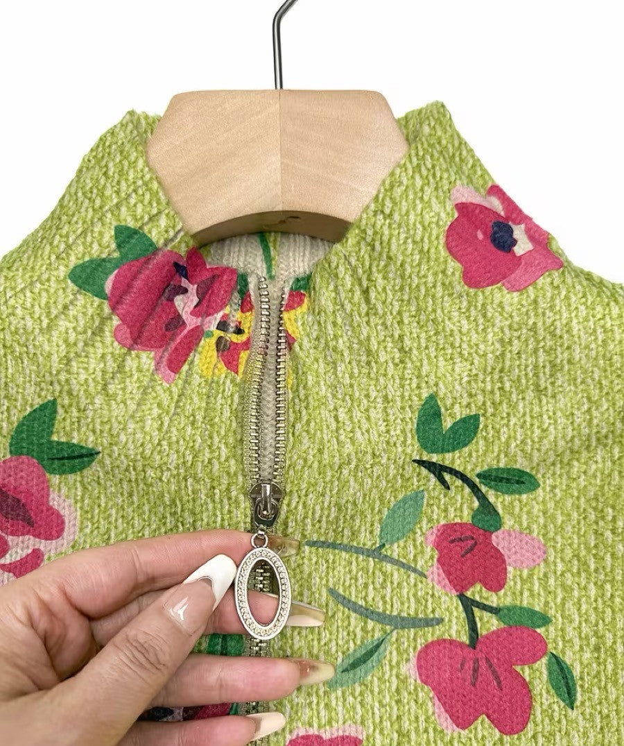 Lauren - Cardigan cu fermoar, model floral roz și lime — imagine 3
