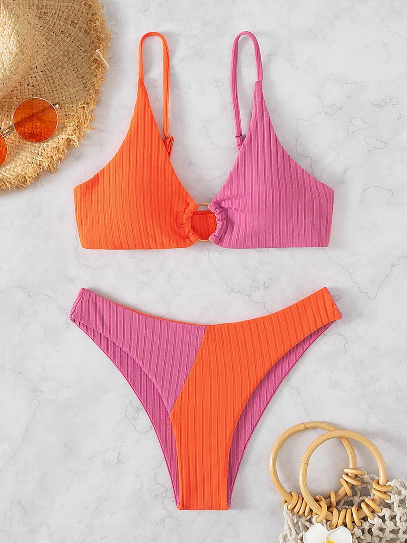 Leslie - Bikini cu talie înaltă, cu nervuri, în două nuanțe — imagine 4