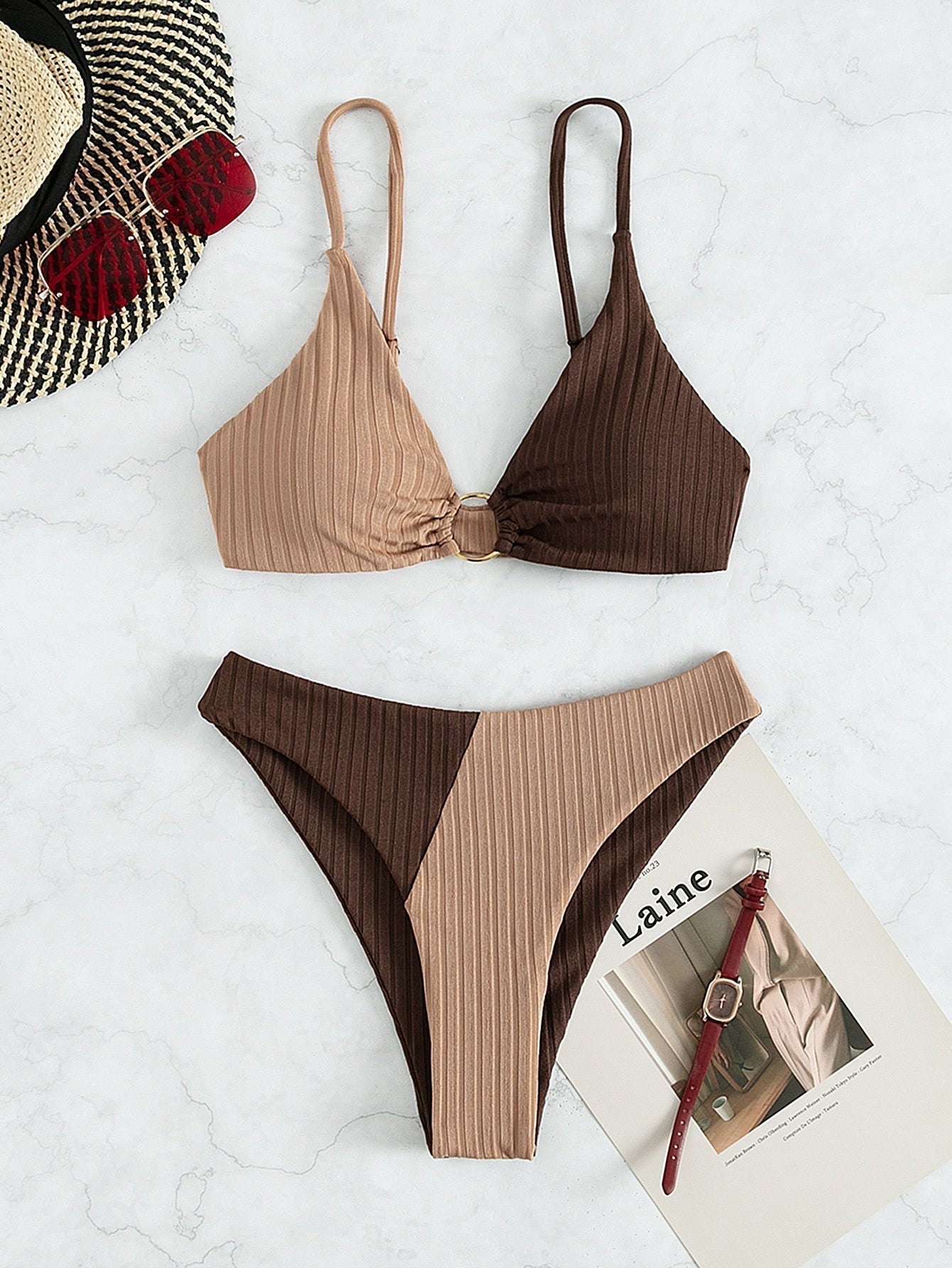 Leslie - Bikini cu talie înaltă, cu nervuri, în două nuanțe — imagine 12