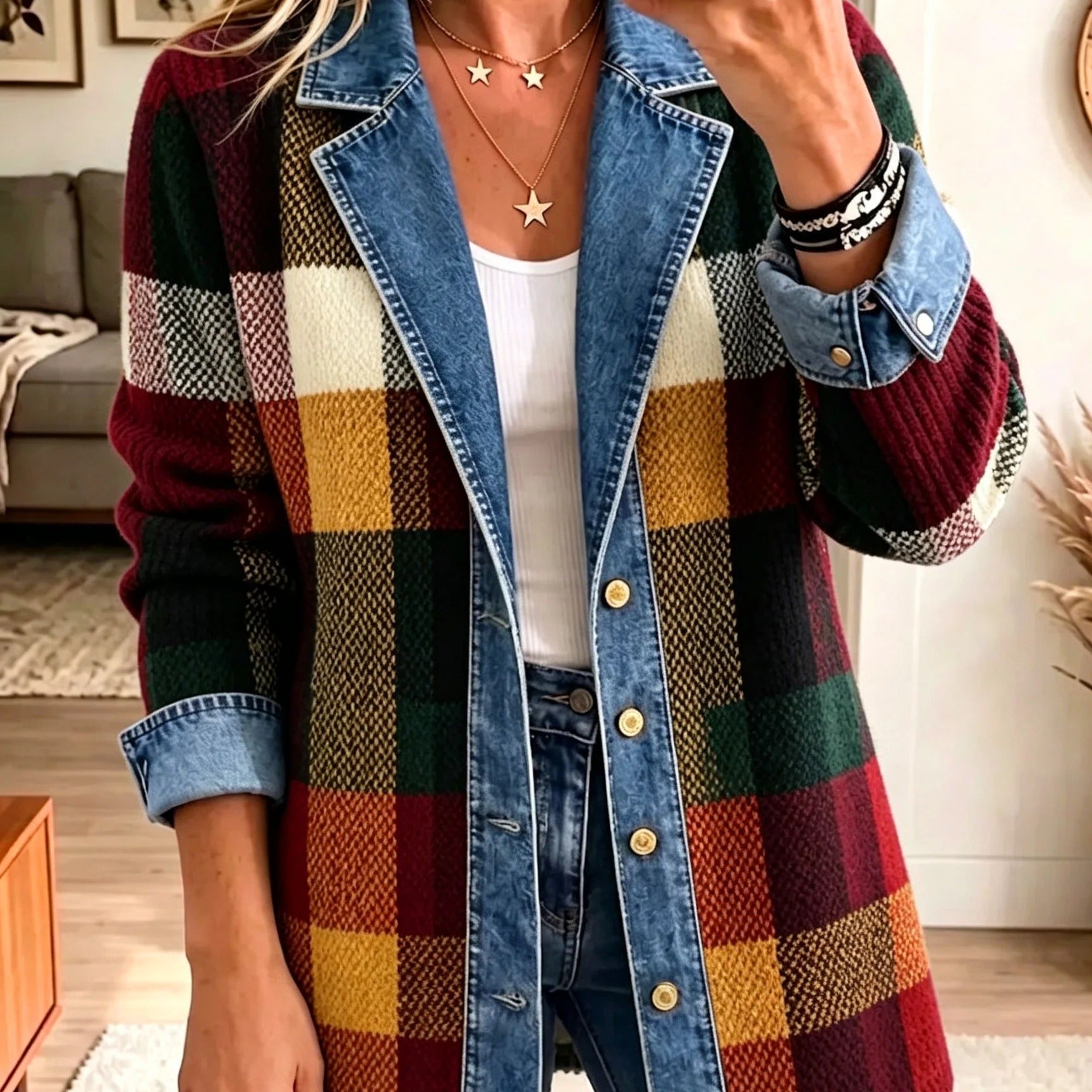 Lillian - Jachetă din denim cu blocuri de culoare în carouri — imagine 1
