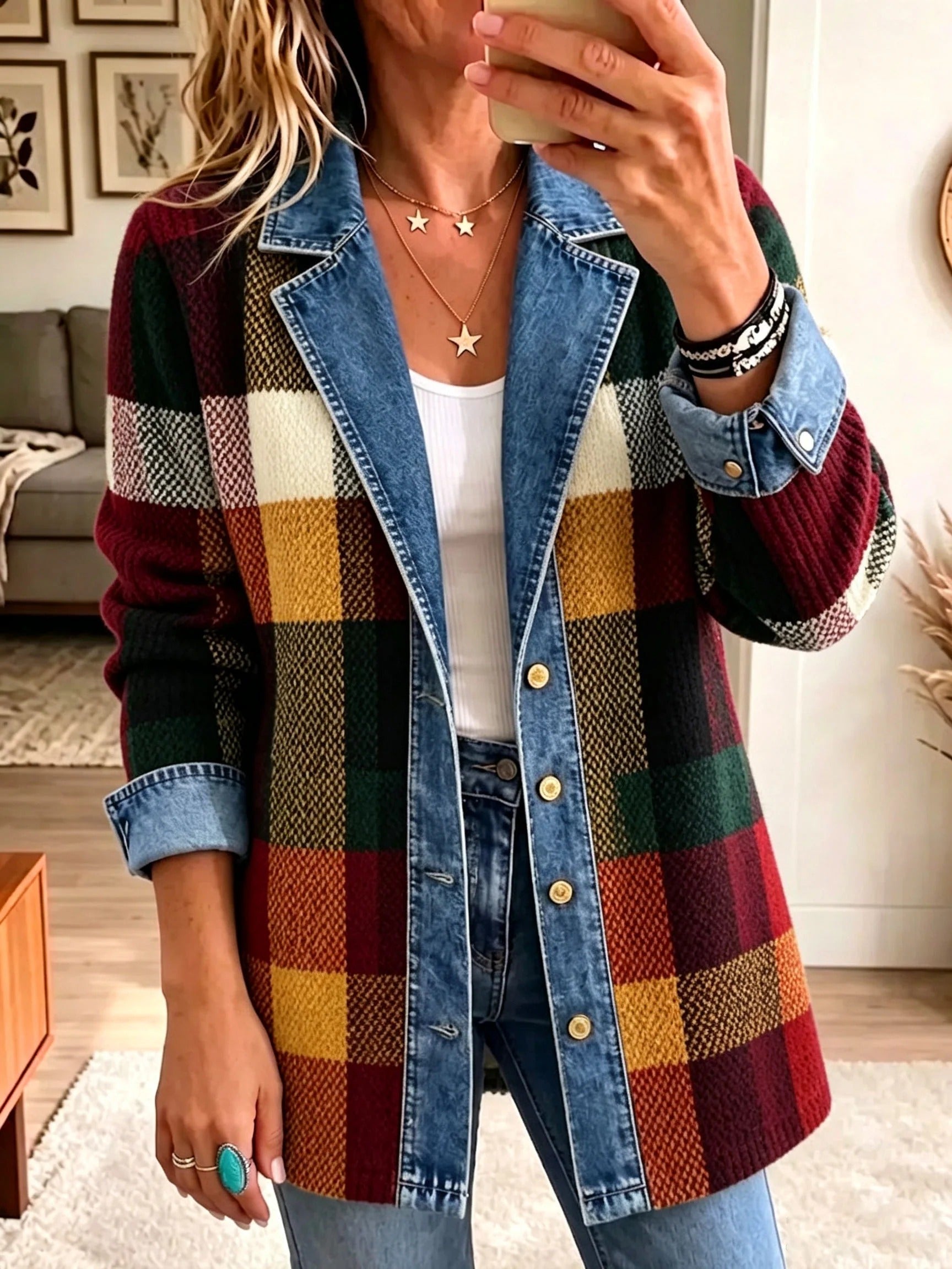 Lillian - Jachetă din denim cu blocuri de culoare în carouri — imagine 1