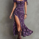 Lydia - Rochie midi cu mâneci bufante și imprimeu floral elastic, stil boho — imagine 2