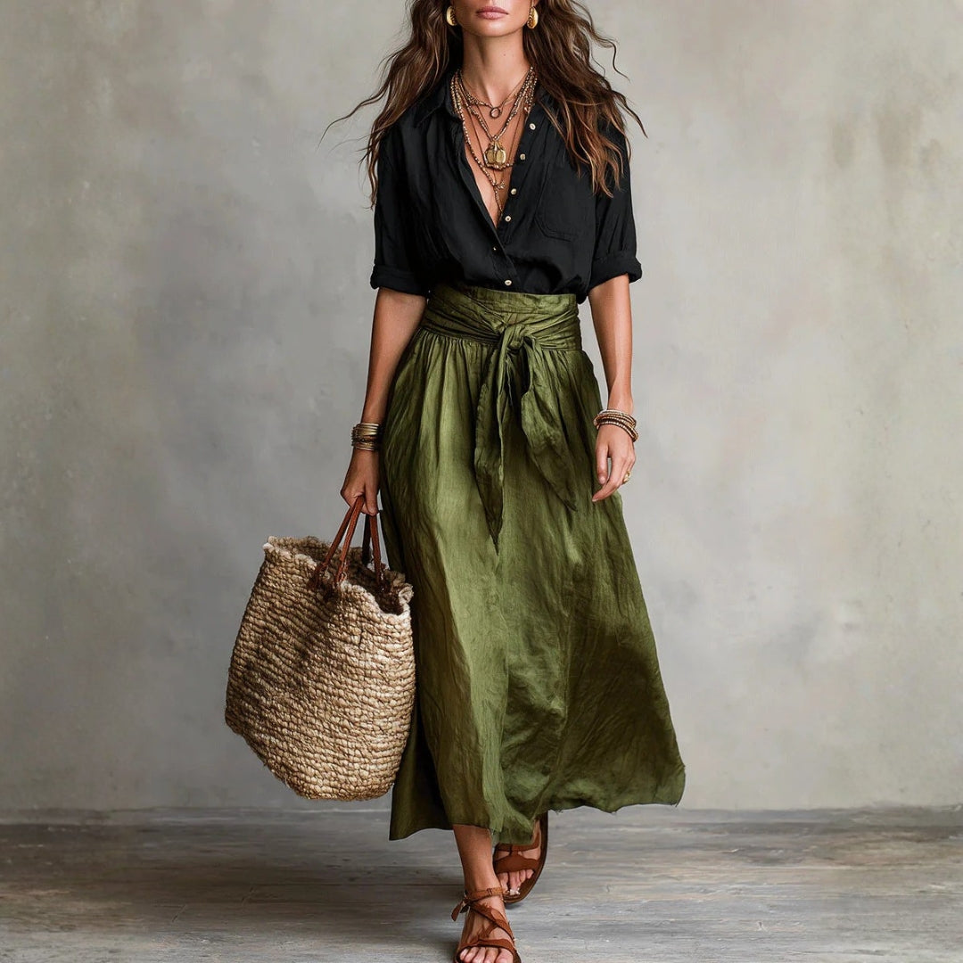 Lyla - set din două piese: tricou negru și fustă midi verde măsliniu — imagine 1