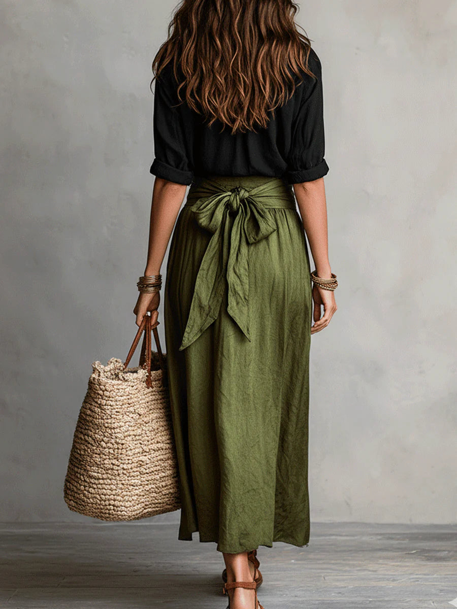 Lyla - set din două piese: tricou negru și fustă midi verde măsliniu — imagine 4