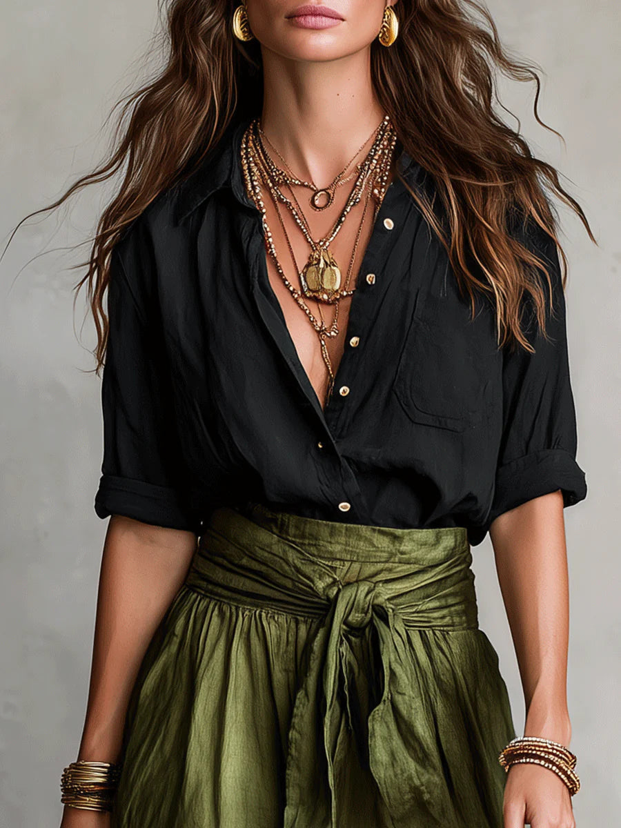 Lyla - set din două piese: tricou negru și fustă midi verde măsliniu — imagine 5