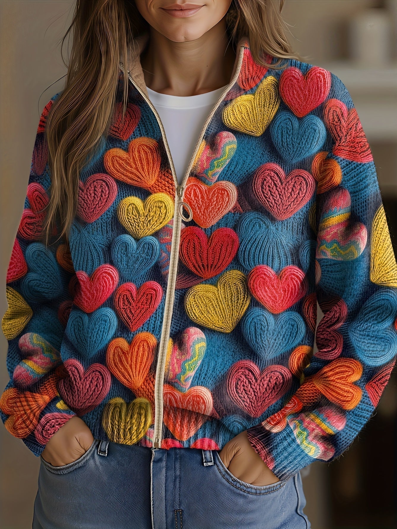 Madeline - cardigan tricotat texturat cu model de inimă colorat — imagine 1