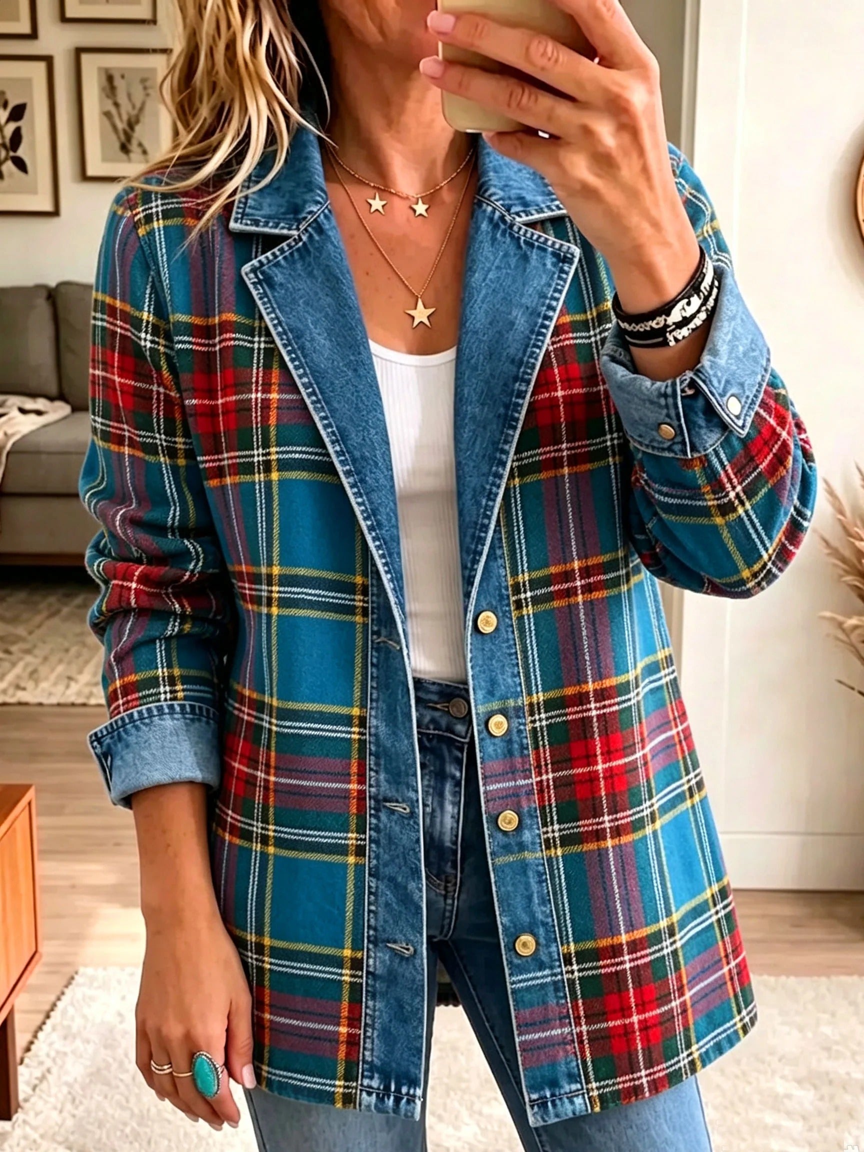 Sacou din denim cu imprimeu tartan Madison — imagine 1