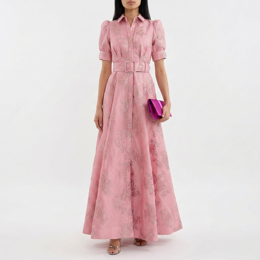 Margaret - rochie lungă din jacquard floral cu curea — imagine 1
