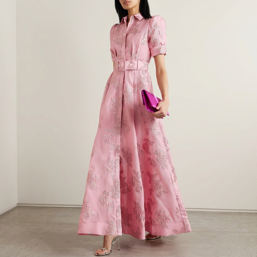 Margaret - rochie lungă din jacquard floral cu curea — imagine 2