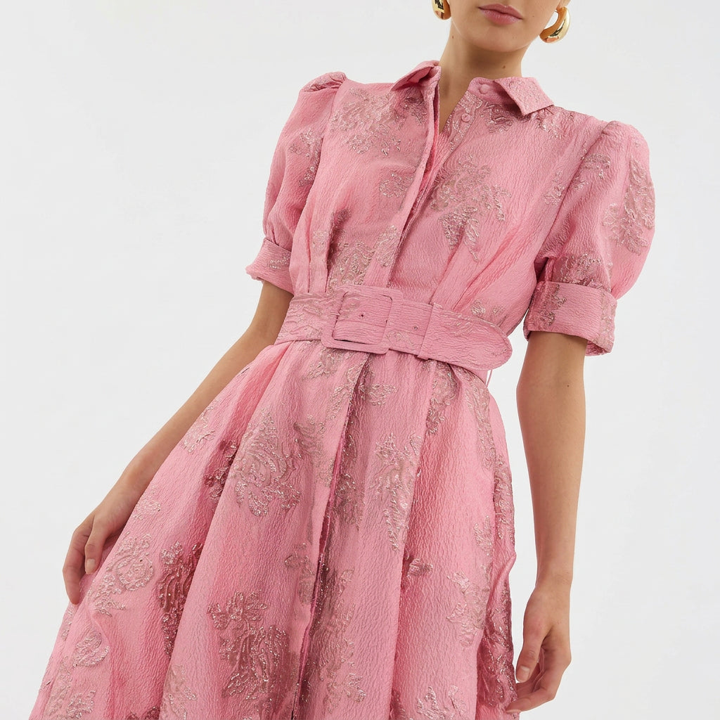 Margaret - rochie lungă din jacquard floral cu curea — imagine 5