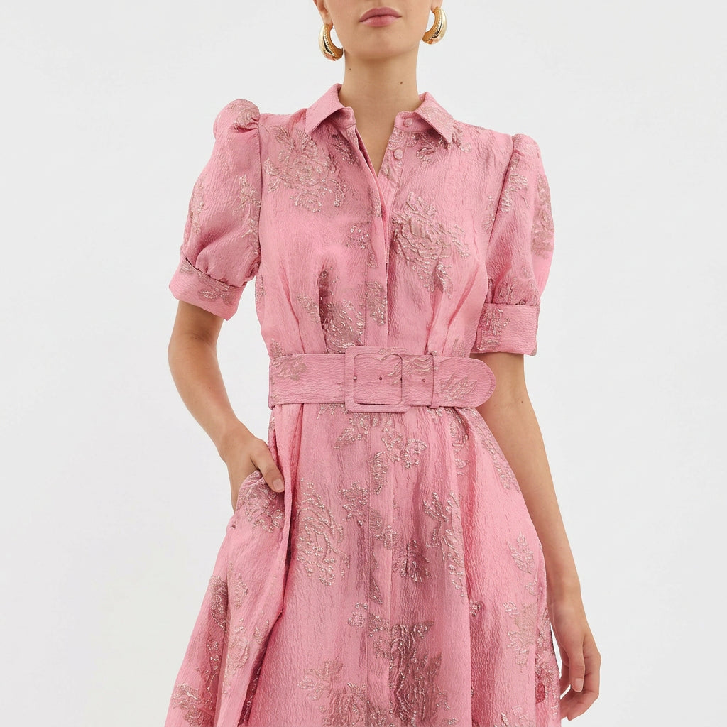 Margaret - rochie lungă din jacquard floral cu curea — imagine 7