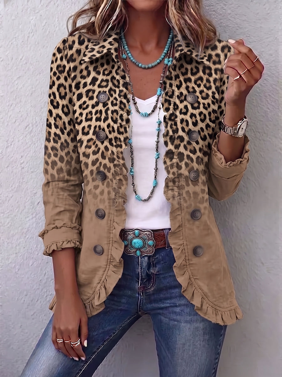 Mia - Palton retro cu volane și degrade leopard — imagine 1
