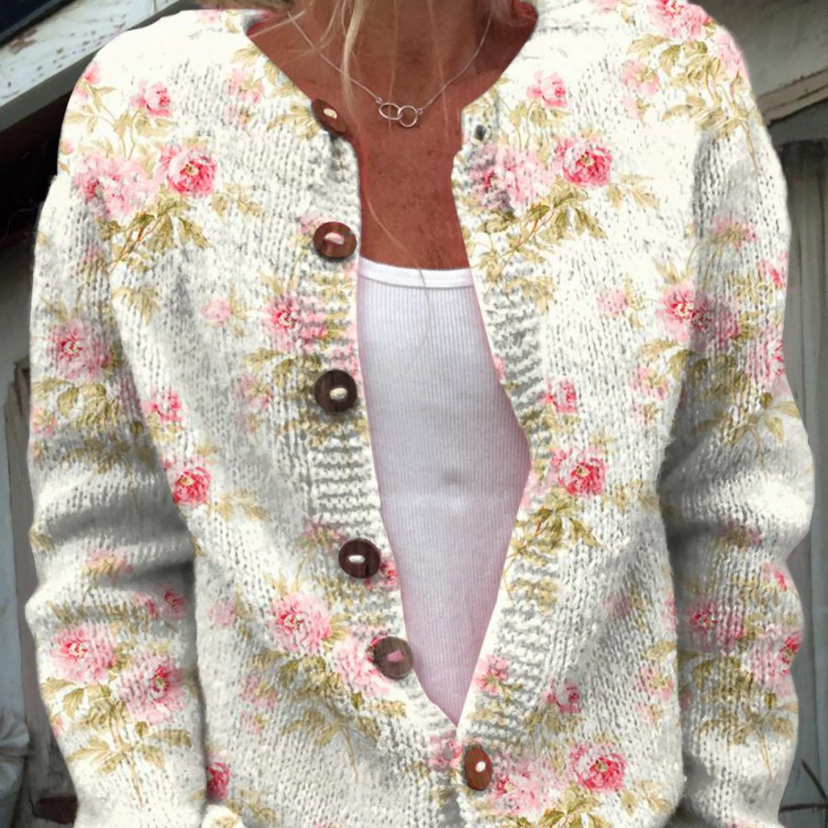 Cardigan tricotat cu imprimeu floral retro Naomi — imagine 1