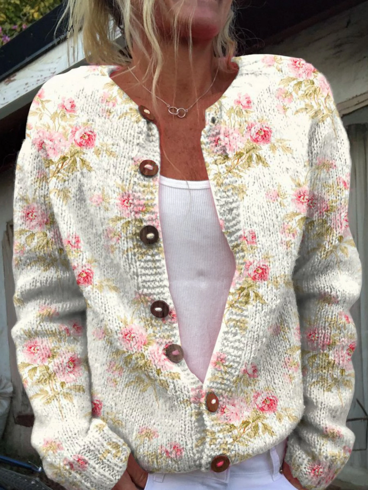 Cardigan tricotat cu imprimeu floral retro Naomi — imagine 1