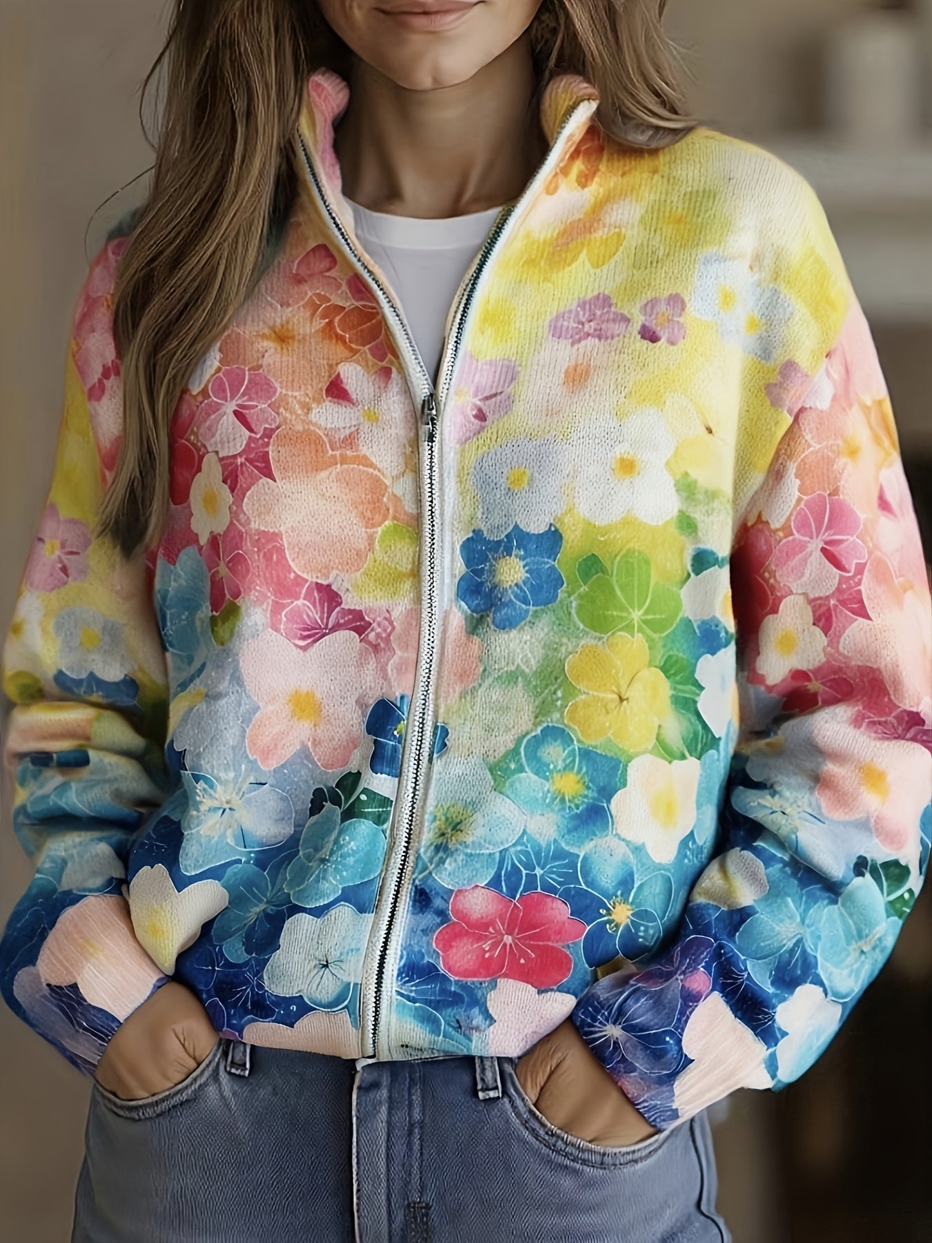 Natalie - Cardigan cu fermoar, model floral în gradient de acuarelă — imagine 1