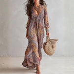 Natalie - rochie maxi din șifon plisat, cu decolteu în V și imprimeu paisley — imagine 1