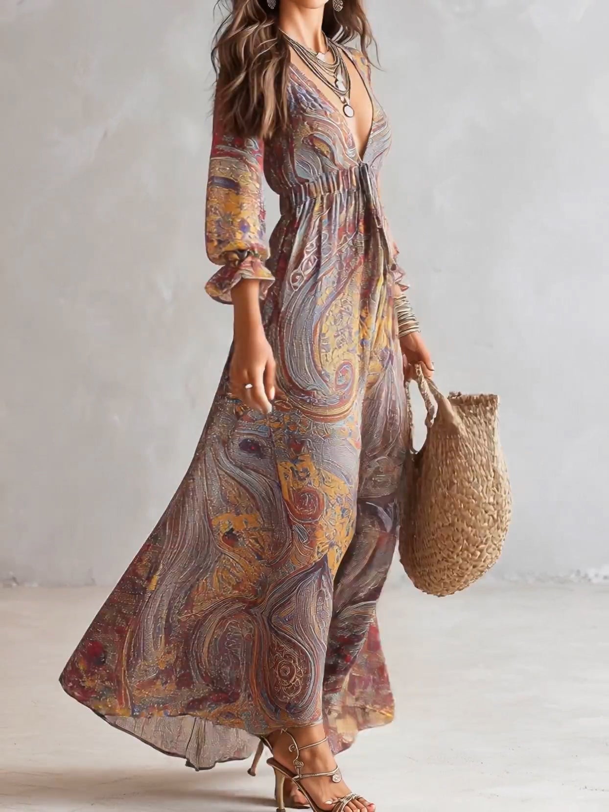 Natalie - rochie maxi din șifon plisat, cu decolteu în V și imprimeu paisley — imagine 3