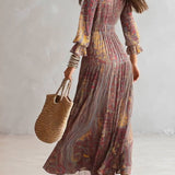 Natalie - rochie maxi din șifon plisat, cu decolteu în V și imprimeu paisley — imagine 4