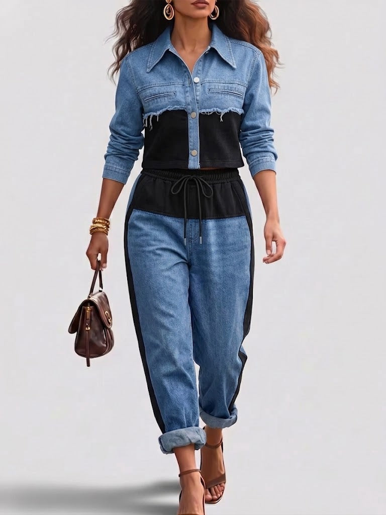 Natalie - Set jachetă scurtă color block și pantaloni cu croi larg — imagine 2