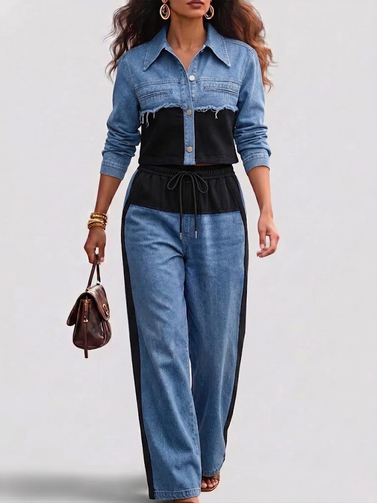 Natalie - Set jachetă scurtă color block și pantaloni cu croi larg — imagine 3