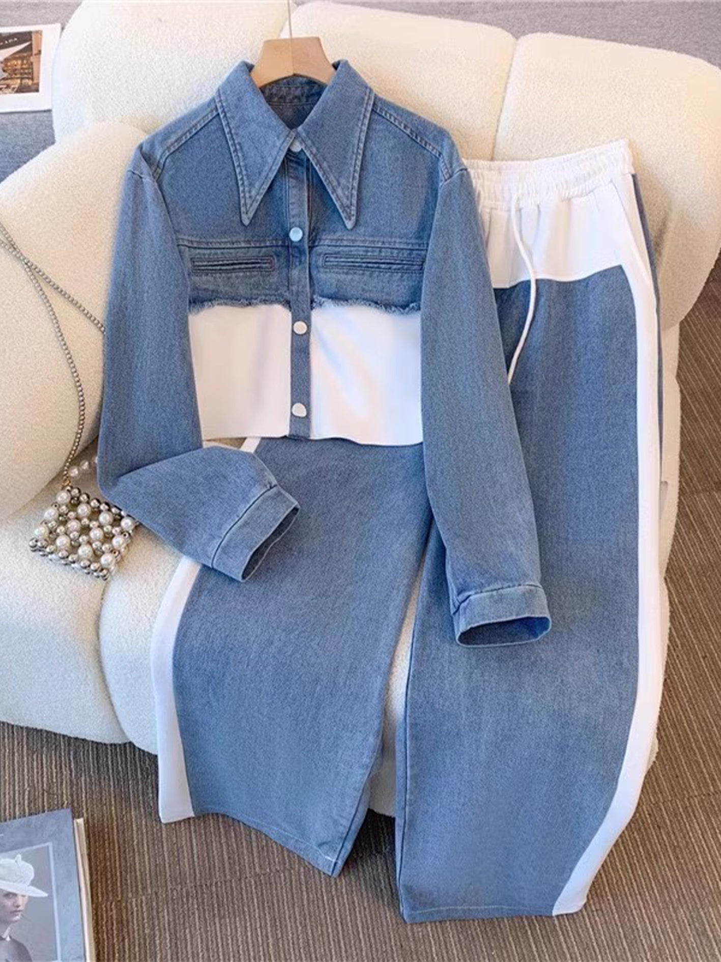 Natalie - Set jachetă scurtă color block și pantaloni cu croi larg — imagine 5