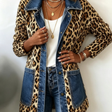 Nora - jachetă lungă din denim cu imprimeu leopard și panouri contrastante — imagine 1