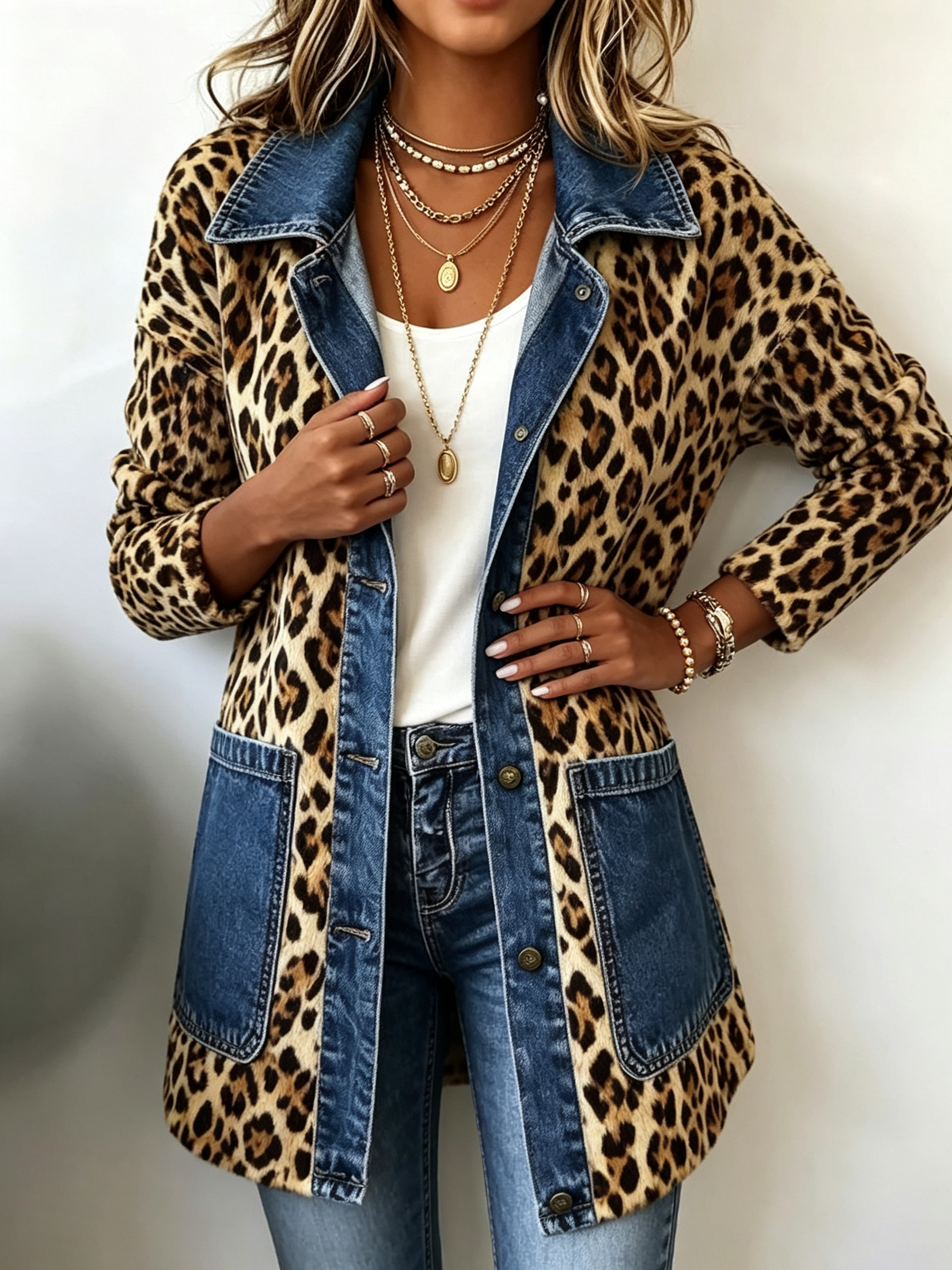 Nora - jachetă lungă din denim cu imprimeu leopard și panouri contrastante — imagine 1