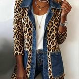 Nora - jachetă lungă din denim cu imprimeu leopard și panouri contrastante — imagine 2