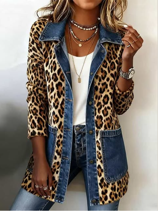 Nora - jachetă lungă din denim cu imprimeu leopard și panouri contrastante — imagine 2