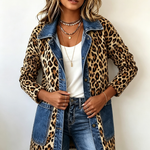Nora - jachetă lungă din denim cu imprimeu leopard și panouri contrastante — imagine 3