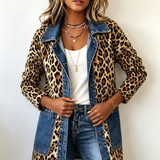 Nora - jachetă lungă din denim cu imprimeu leopard și panouri contrastante — imagine 3