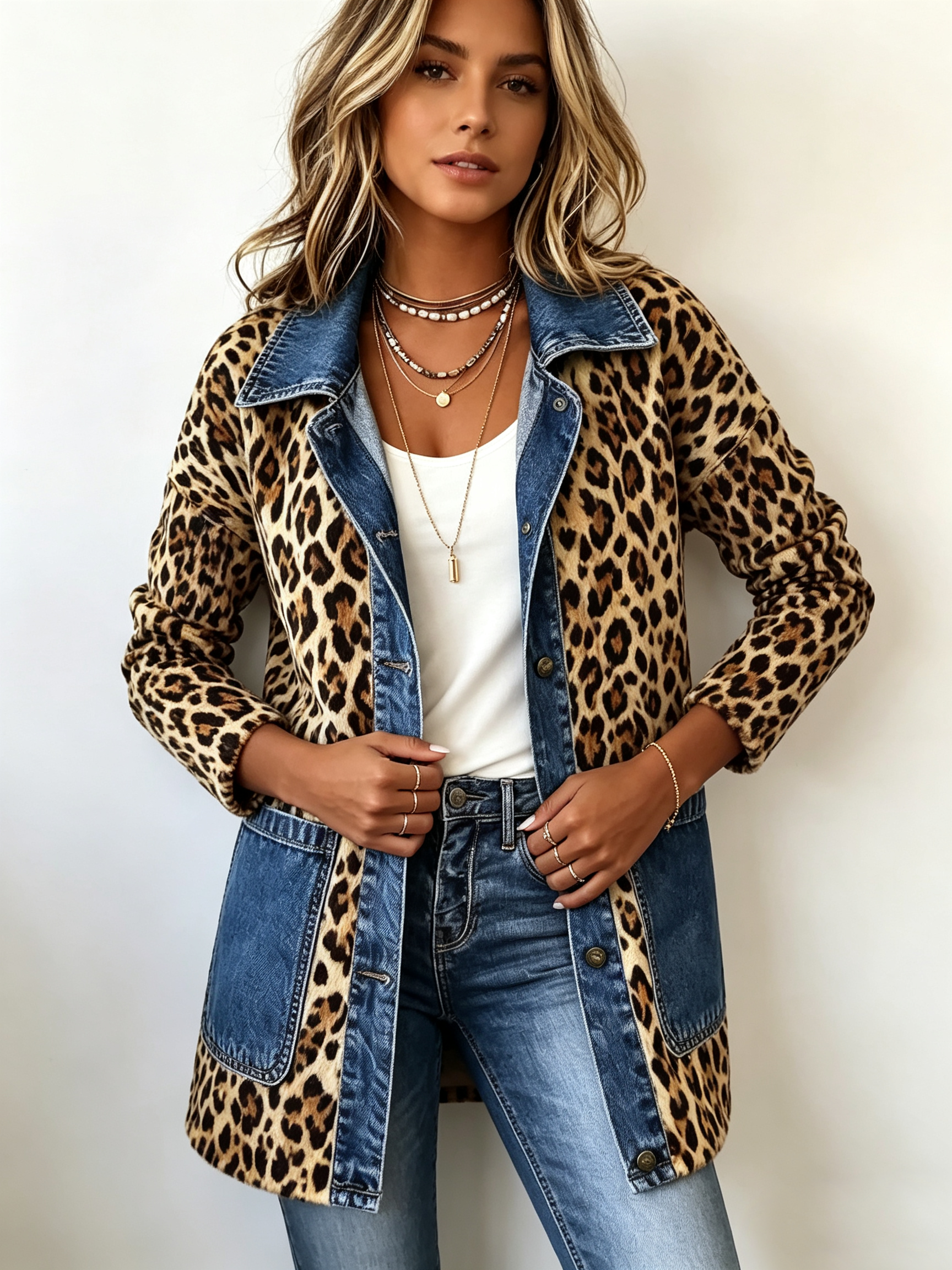 Nora - jachetă lungă din denim cu imprimeu leopard și panouri contrastante — imagine 3