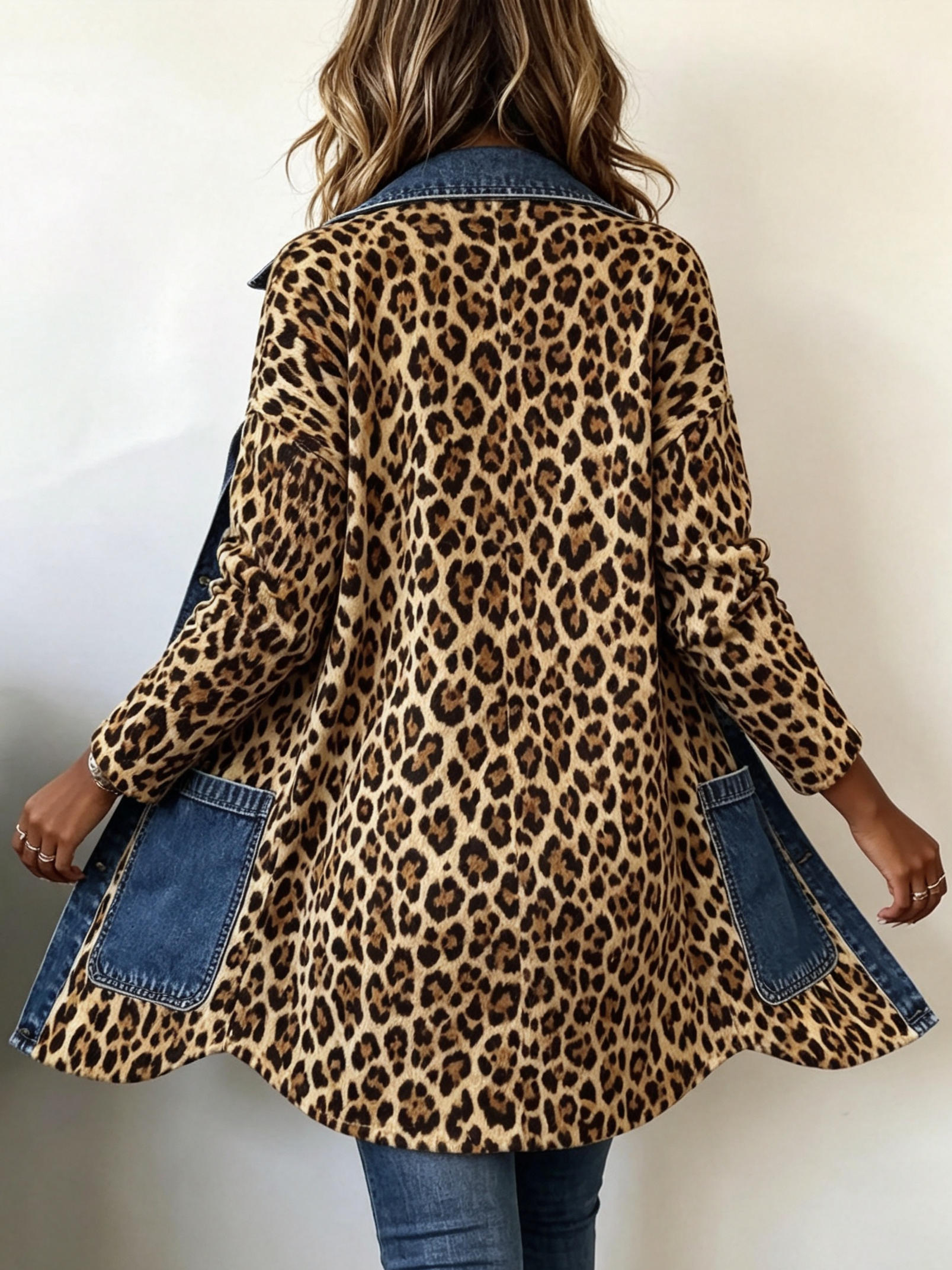Nora - jachetă lungă din denim cu imprimeu leopard și panouri contrastante — imagine 4