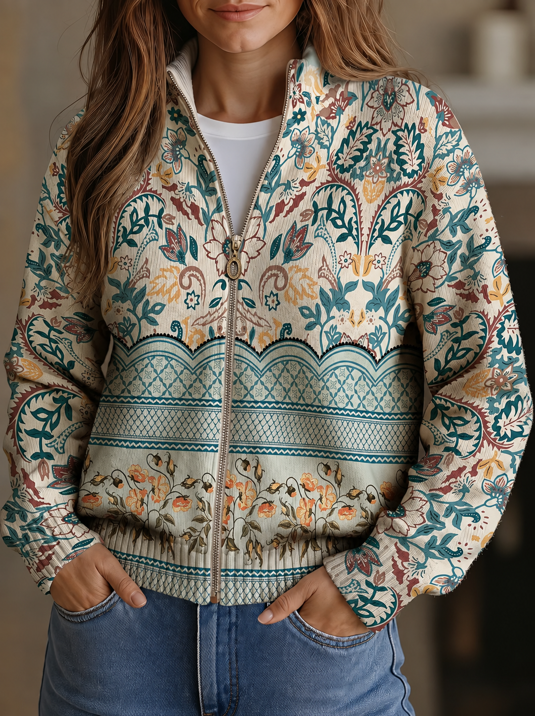 Olivia - cardigan cu model retro botanic cu bordură — imagine 1