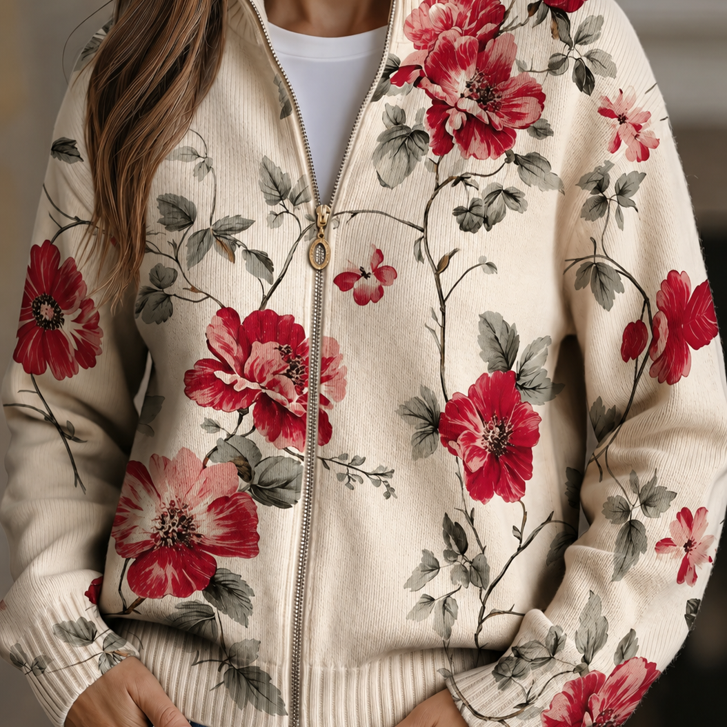 Penelope - cardigan cu fermoar și imprimeu retro cu trandafiri — imagine 1