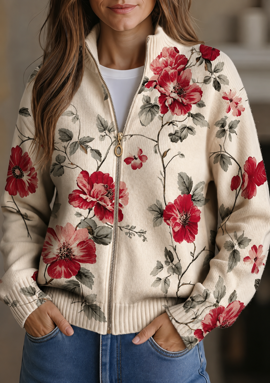 Penelope - cardigan cu fermoar și imprimeu retro cu trandafiri — imagine 1