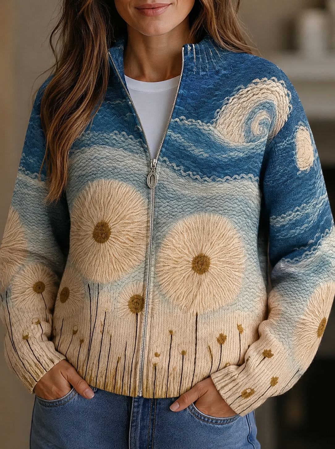 Quinn - Cardigan matlasat cu fermoar, model Dandelion Paesage — imagine 1