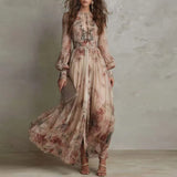 Robin - Rochie lungă plisată cu talie înaltă, model retro floral — imagine 1