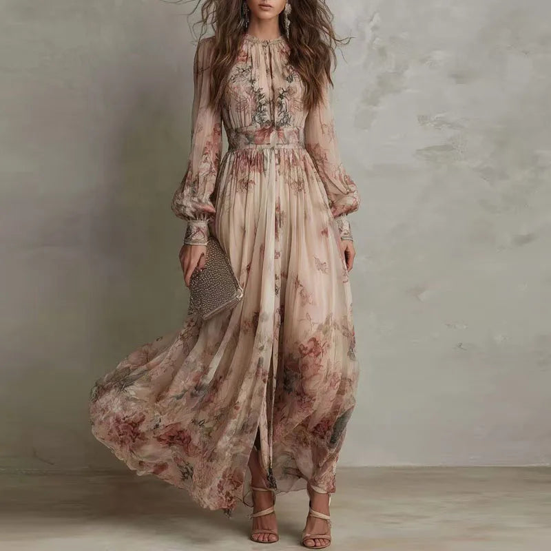 Robin - Rochie lungă plisată cu talie înaltă, model retro floral — imagine 1