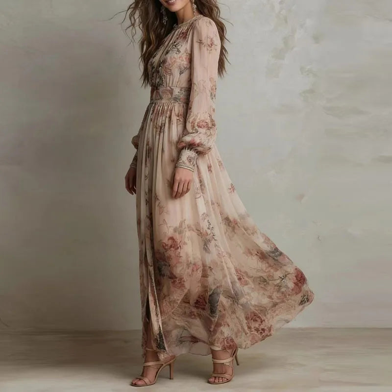 Robin - Rochie lungă plisată cu talie înaltă, model retro floral — imagine 2