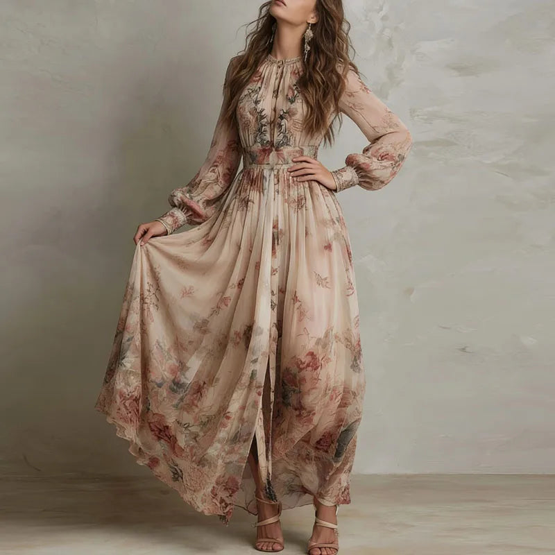 Robin - Rochie lungă plisată cu talie înaltă, model retro floral — imagine 3