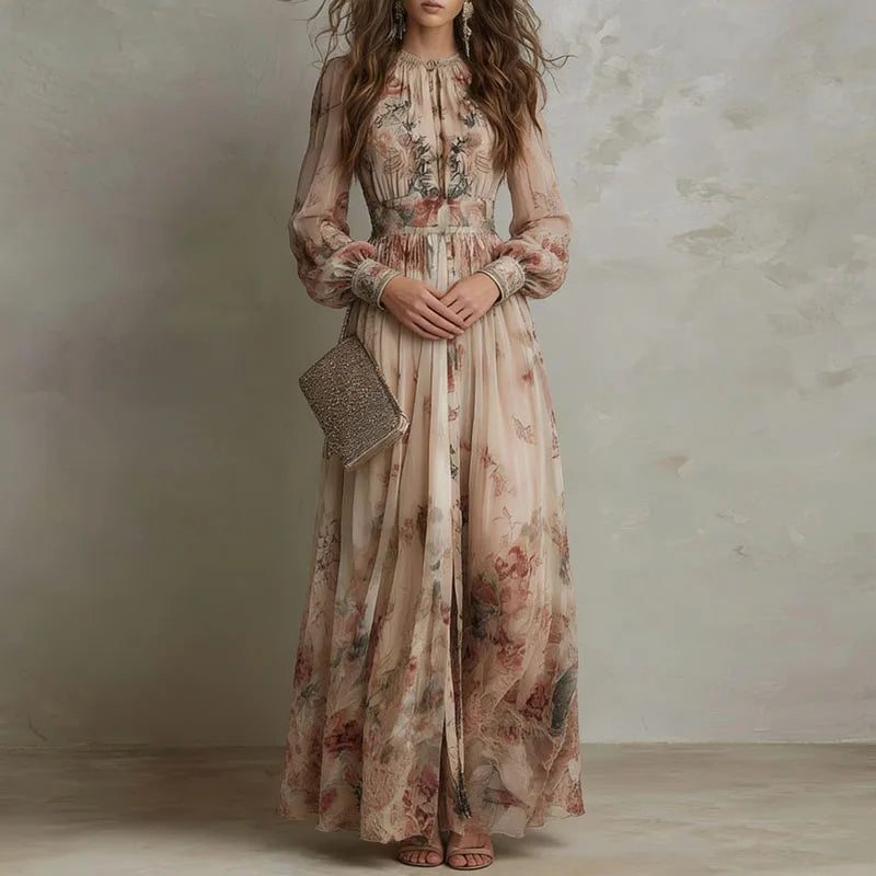 Robin - Rochie lungă plisată cu talie înaltă, model retro floral — imagine 4