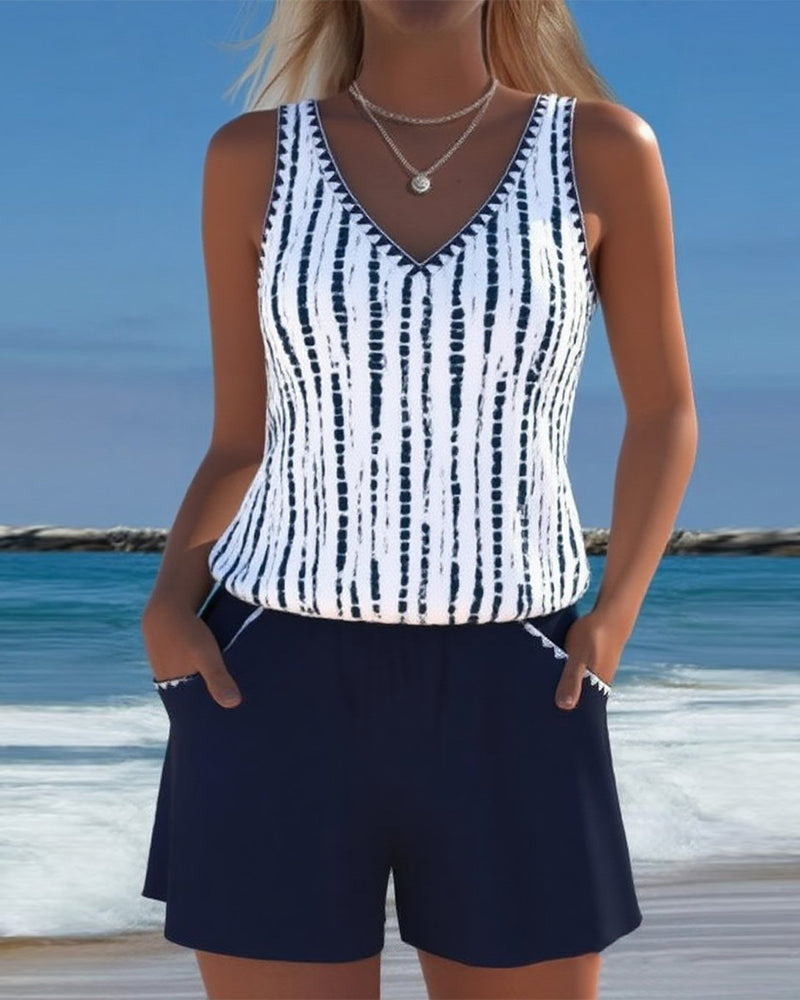 Serenity - costum de baie casual cu buzunare și decolteu în V — imagine 1