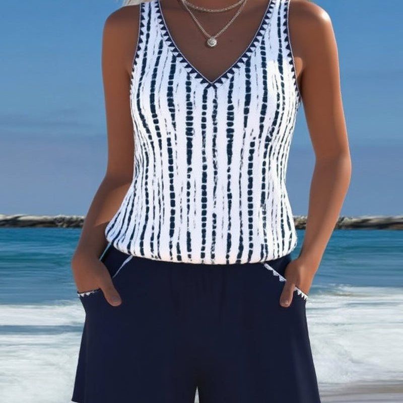 Serenity - costum de baie casual cu buzunare și decolteu în V — imagine 1