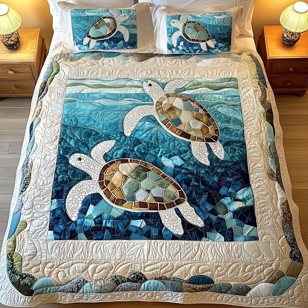 Set de lenjerie de pat matlasată cu 3 piese - Țestoase marine — imagine 4